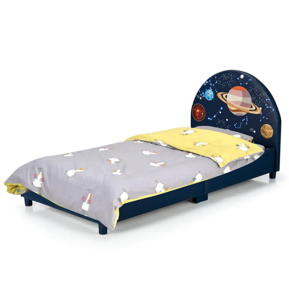 Twin Size Upholstered Platform Children Single Bed - Dark Blue - Toddler Beds