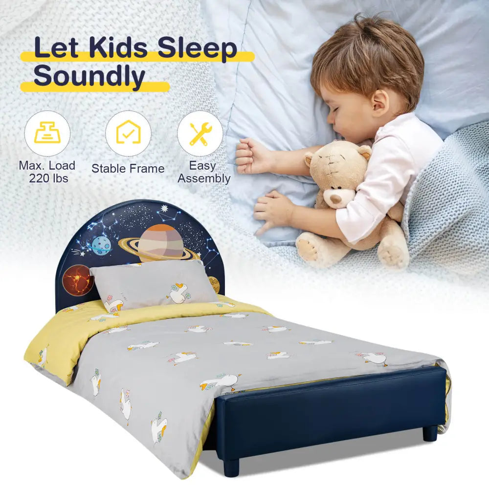Twin Size Upholstered Platform Children Single Bed - Dark Blue - Toddler Beds