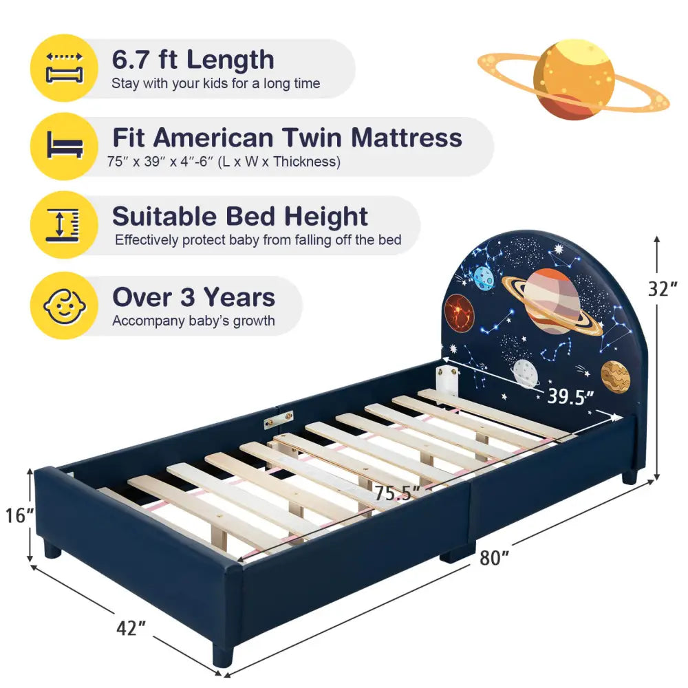 Twin Size Upholstered Platform Children Single Bed - Dark Blue - Toddler Beds