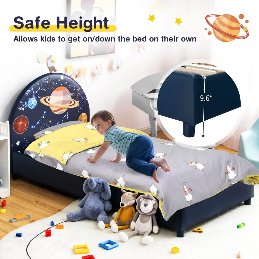 Twin Size Upholstered Platform Children Single Bed - Dark Blue - Toddler Beds