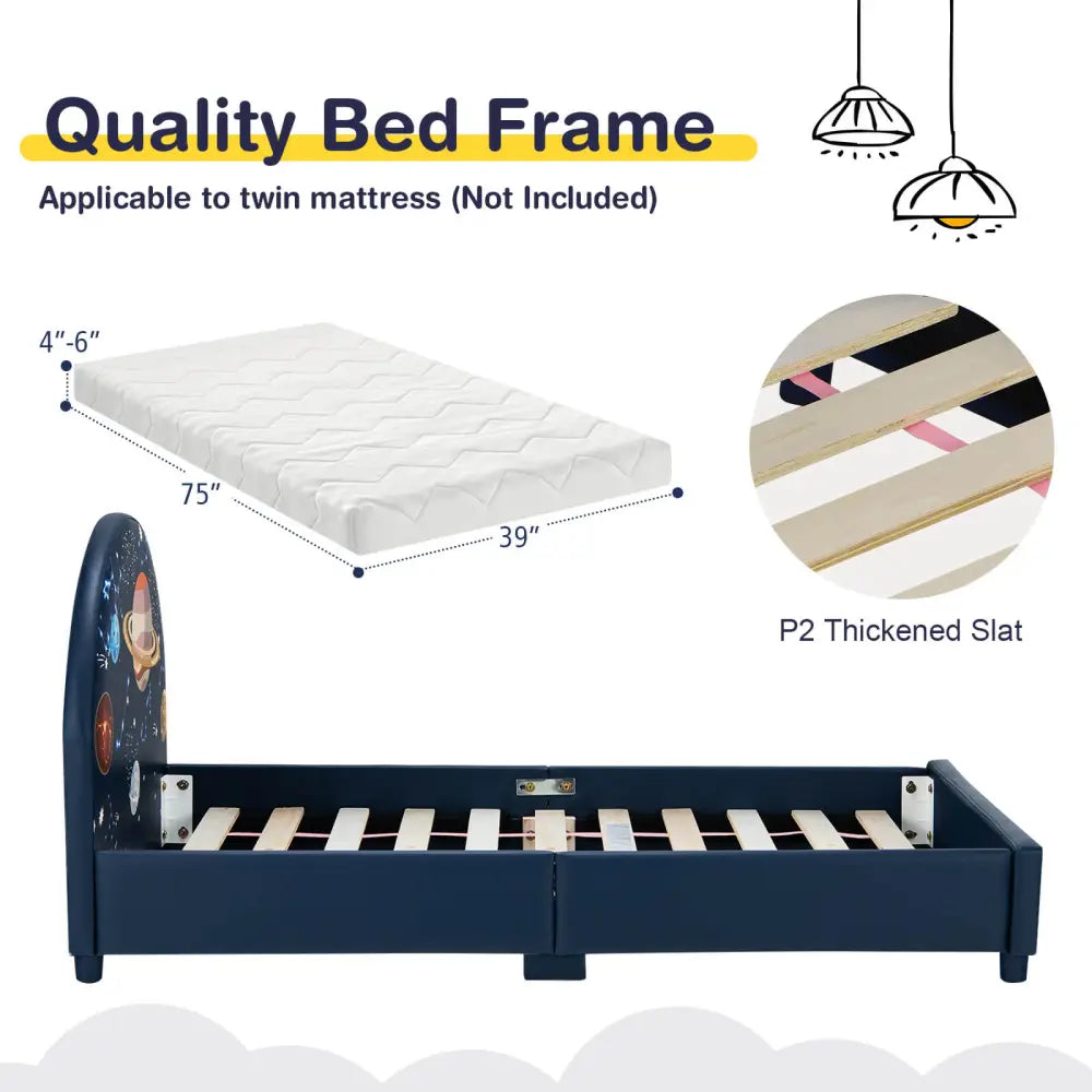Twin Size Upholstered Platform Children Single Bed - Dark Blue - Toddler Beds