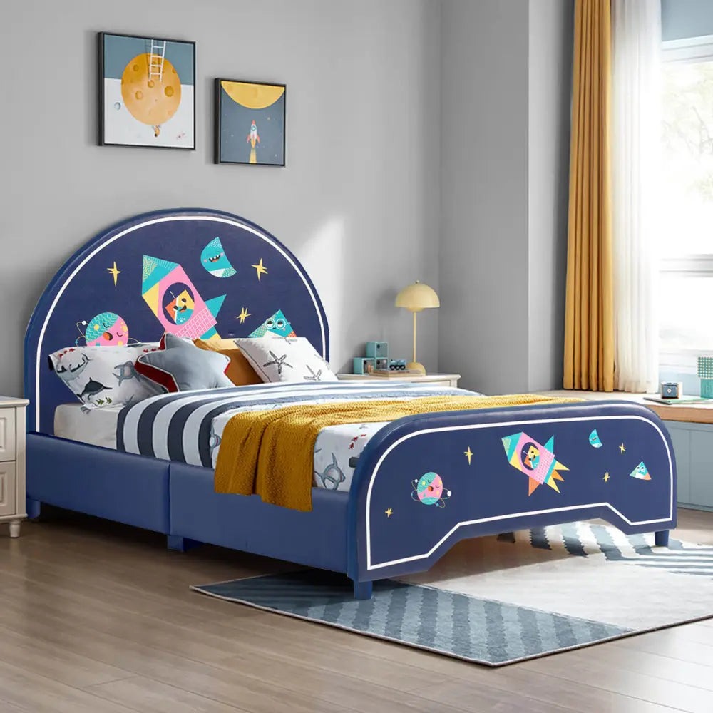 Twin Size Upholstered Platform Children Single Bed - Dark Blue - Toddler Beds
