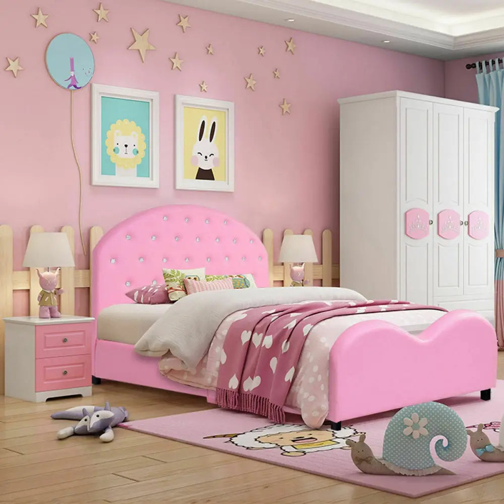 Twin Size Upholstered Platform Toddler Bed with Wood Support - Pink - Toddler Beds