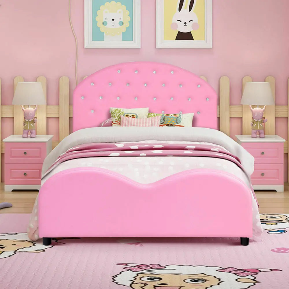 Twin Size Upholstered Platform Toddler Bed with Wood Support - Pink - Toddler Beds