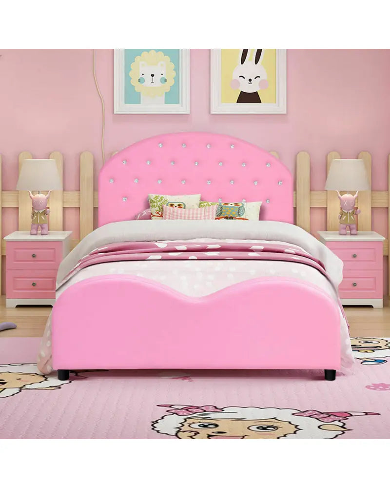 Twin Size Upholstered Platform Toddler Bed with Wood Support - Pink - Toddler Beds