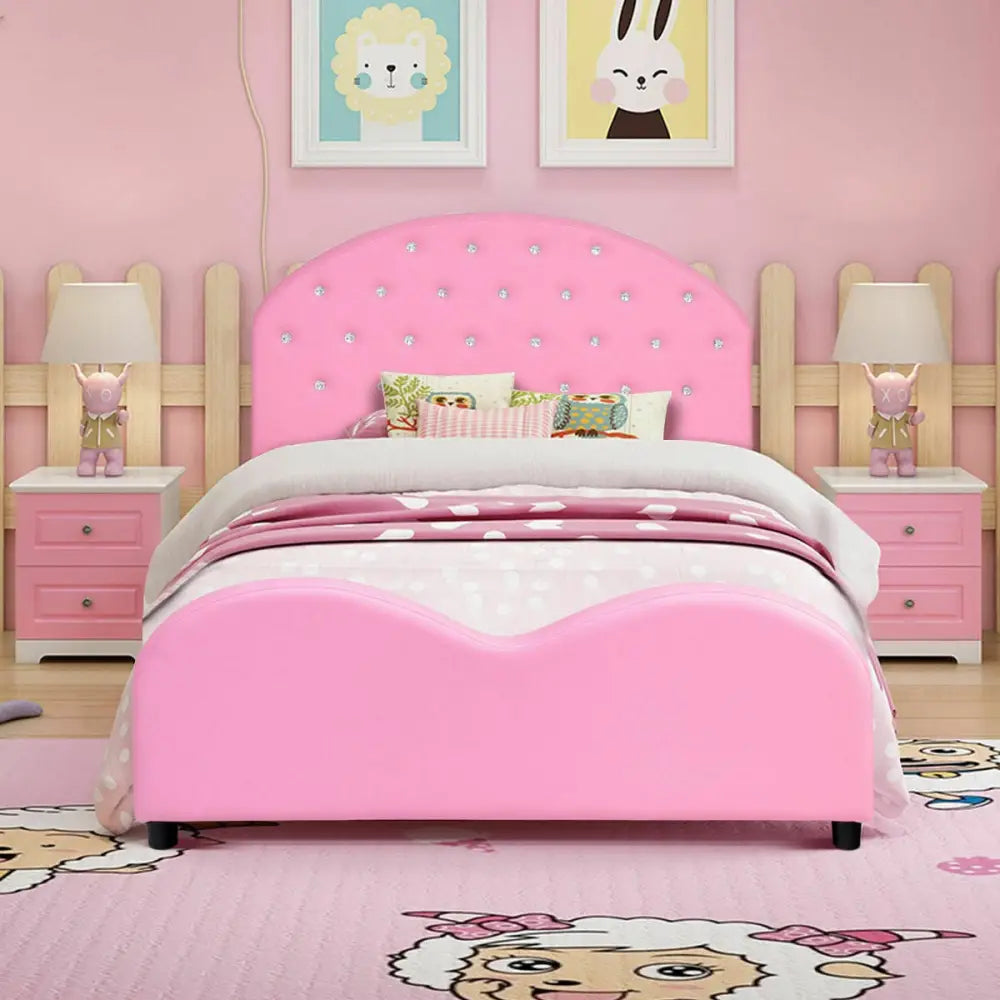 Twin Size Upholstered Platform Toddler Bed with Wood Support - Pink - Toddler Beds