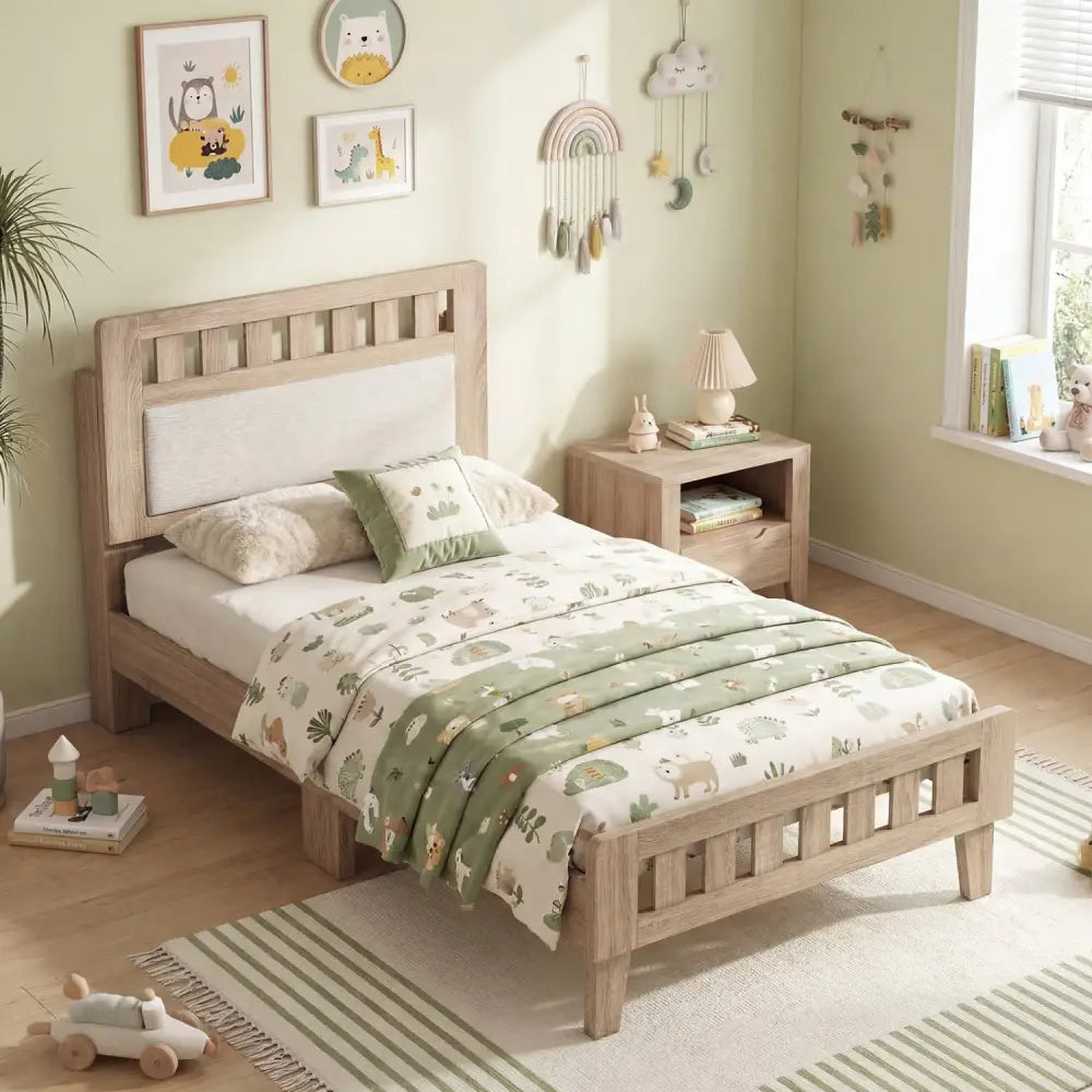 Twin Size Wood Bed Frame with Upholstered Headboard Mid Century Style - Beige - Simple Bed Frame