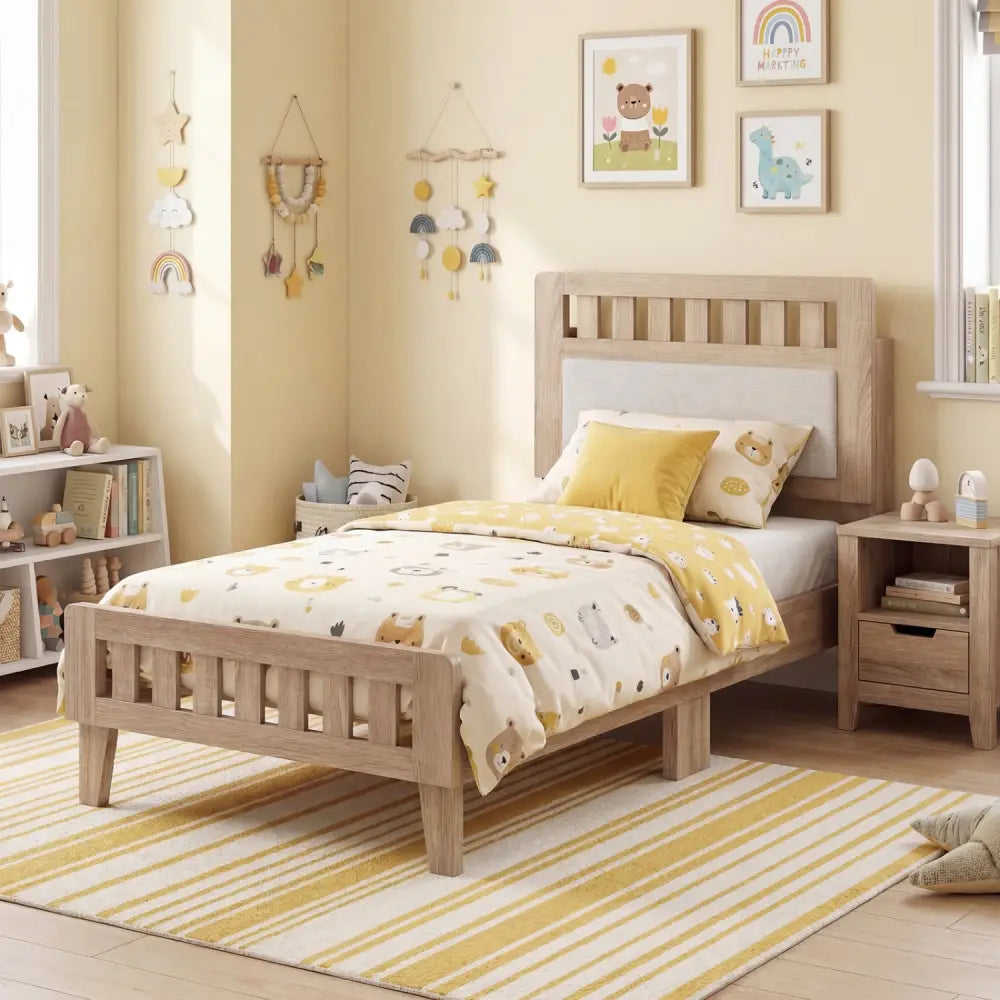 Twin Size Wood Bed Frame with Upholstered Headboard Mid Century Style - Beige - Simple Bed Frame