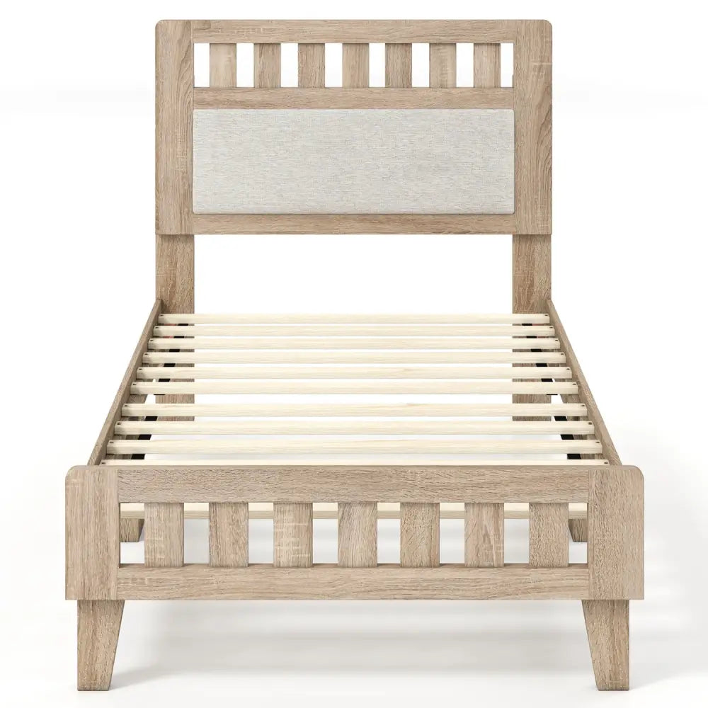 Twin Size Wood Bed Frame with Upholstered Headboard Mid Century Style - Beige - Simple Bed Frame