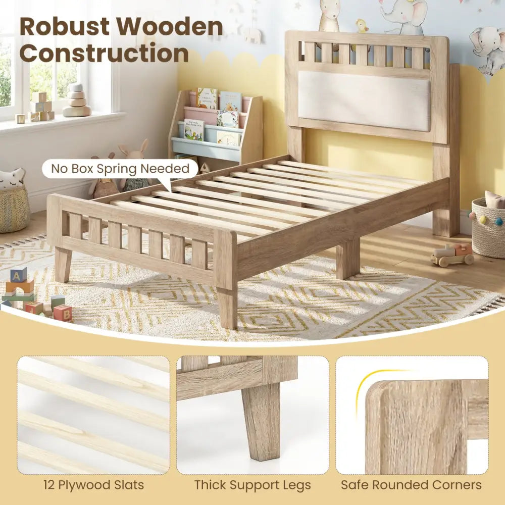Twin Size Wood Bed Frame with Upholstered Headboard Mid Century Style - Beige - Simple Bed Frame
