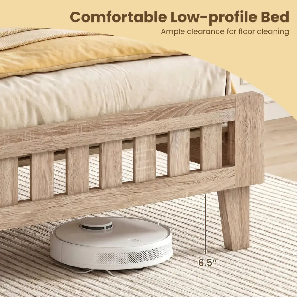 Twin Size Wood Bed Frame with Upholstered Headboard Mid Century Style - Beige - Simple Bed Frame