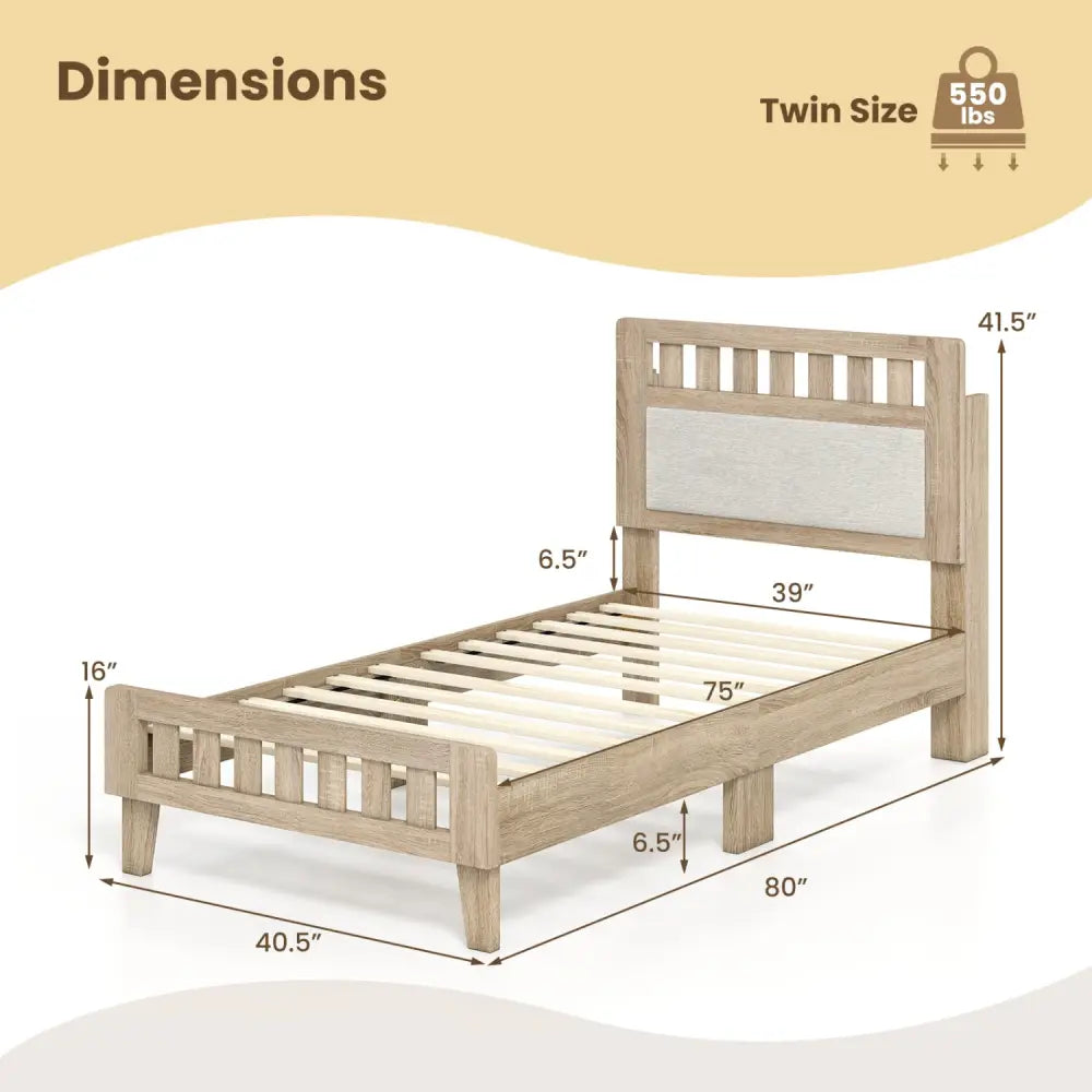 Twin Size Wood Bed Frame with Upholstered Headboard Mid Century Style - Beige - Simple Bed Frame