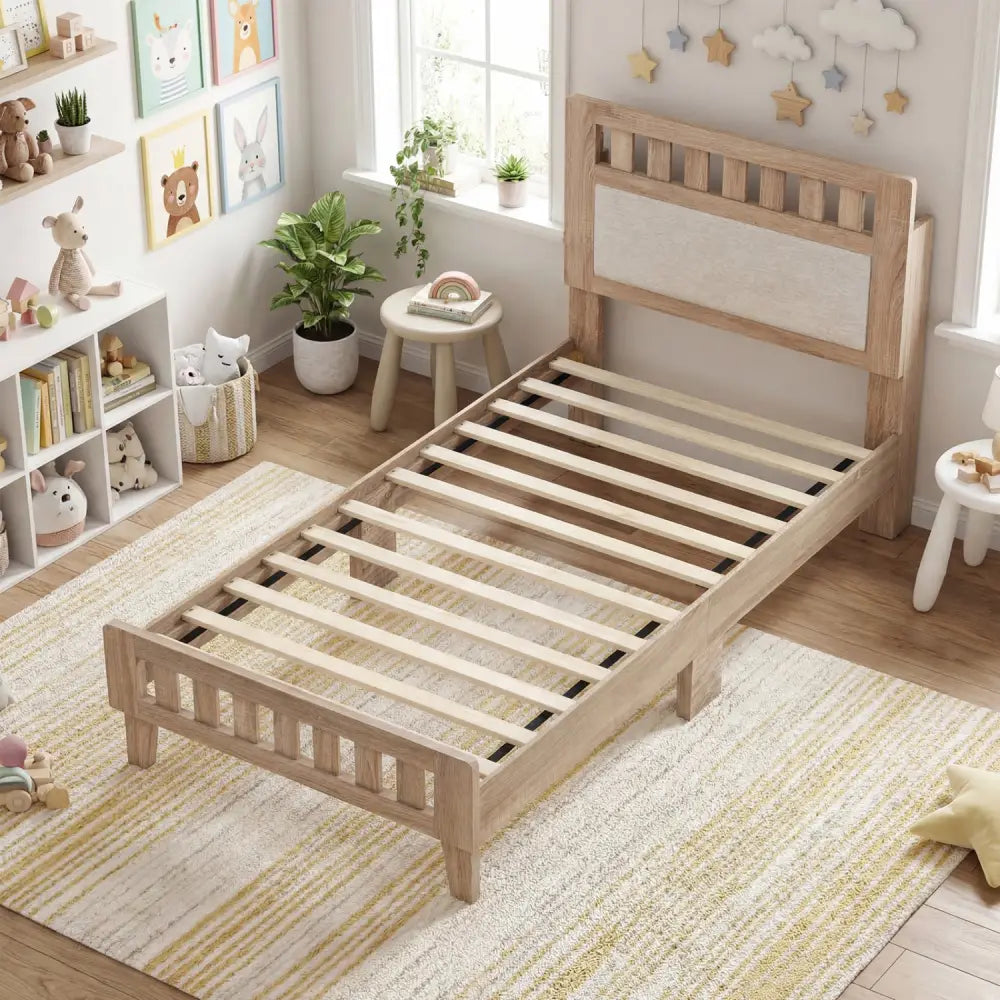 Twin Size Wood Bed Frame with Upholstered Headboard Mid Century Style - Beige - Simple Bed Frame
