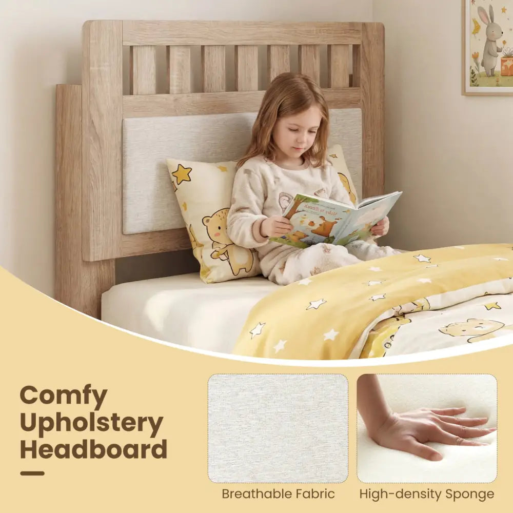 Twin Size Wood Bed Frame with Upholstered Headboard Mid Century Style - Beige - Simple Bed Frame