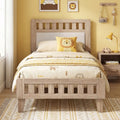 Twin Size Wood Bed Frame with Upholstered Headboard Mid Century Style - Beige - Simple Bed Frame