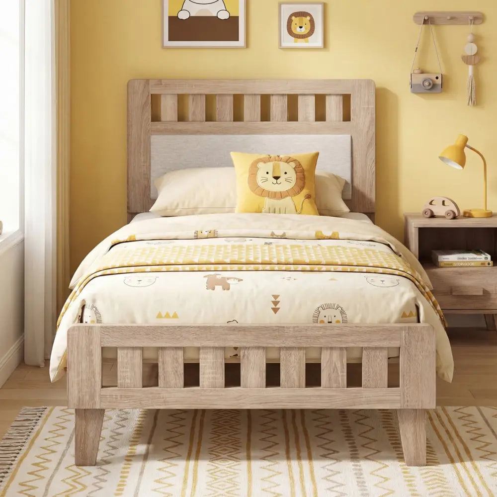 Twin Size Wood Bed Frame with Upholstered Headboard Mid Century Style - Beige - Simple Bed Frame
