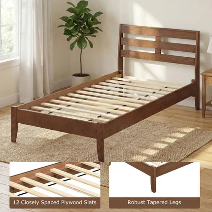 Twin Size Wood Platform Bed Frame with Slat Headboard - Brown - Simple Bed Frame