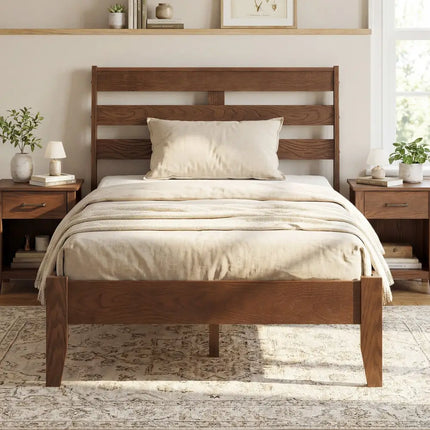 Twin Size Wood Platform Bed Frame with Slat Headboard - Brown - Simple Bed Frame