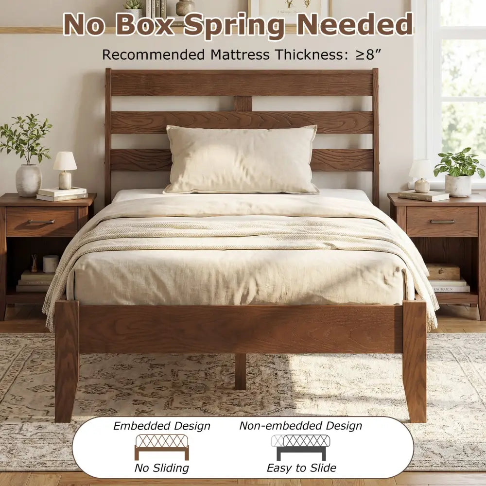 Twin Size Wood Platform Bed Frame with Slat Headboard - Brown - Simple Bed Frame