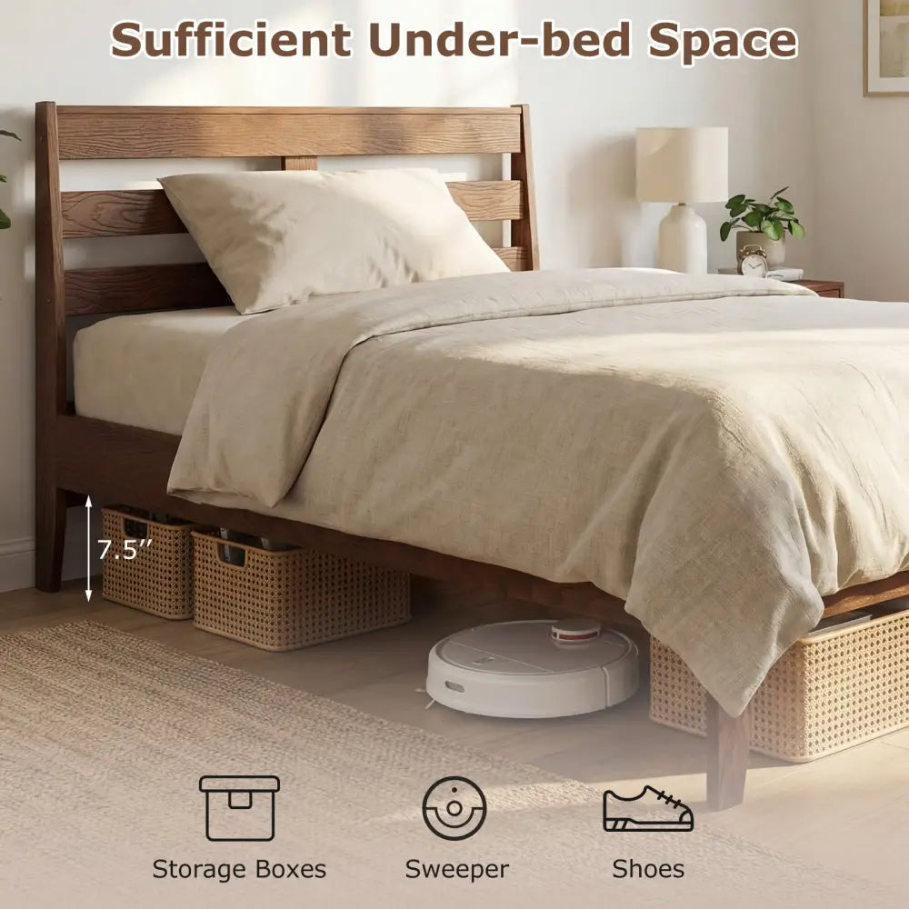 Twin Size Wood Platform Bed Frame with Slat Headboard - Brown - Simple Bed Frame