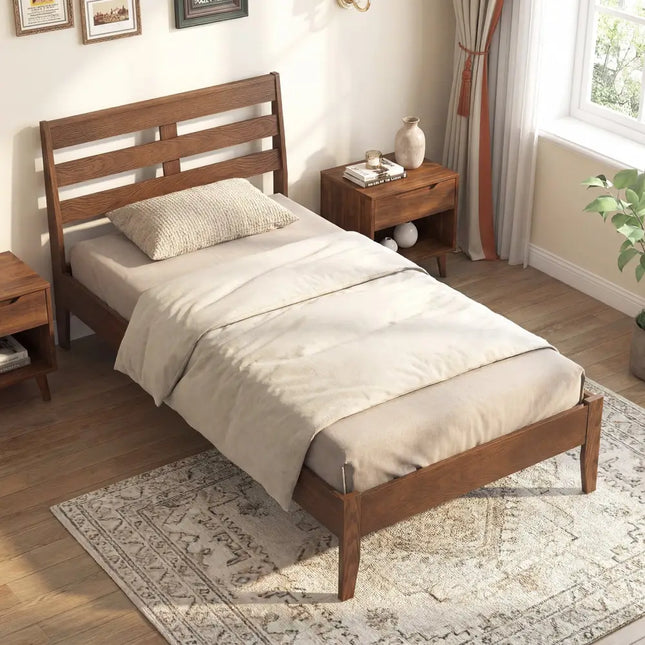 Twin Size Wood Platform Bed Frame with Slat Headboard - Brown - Simple Bed Frame