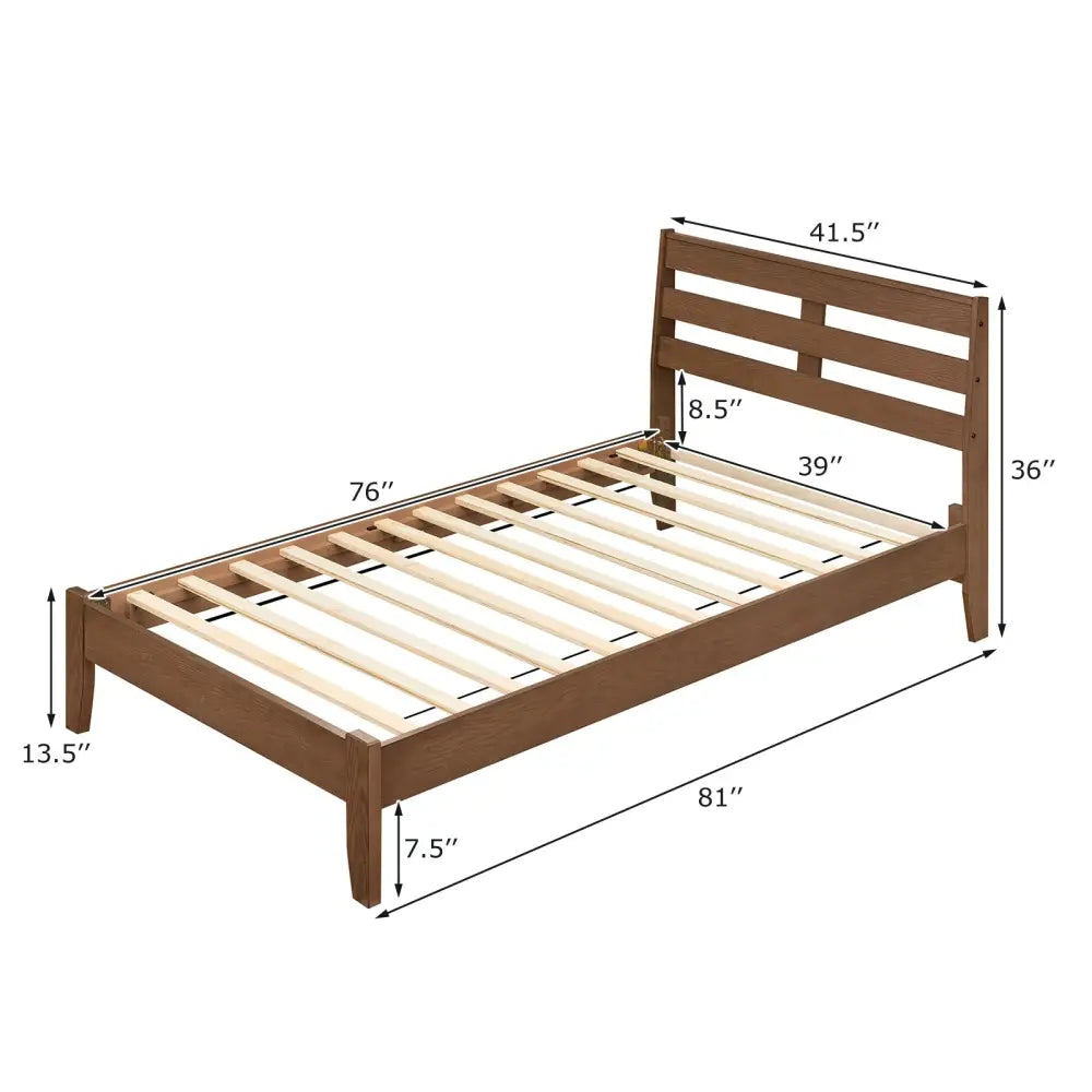 Twin Size Wood Platform Bed Frame with Slat Headboard - Brown - Simple Bed Frame
