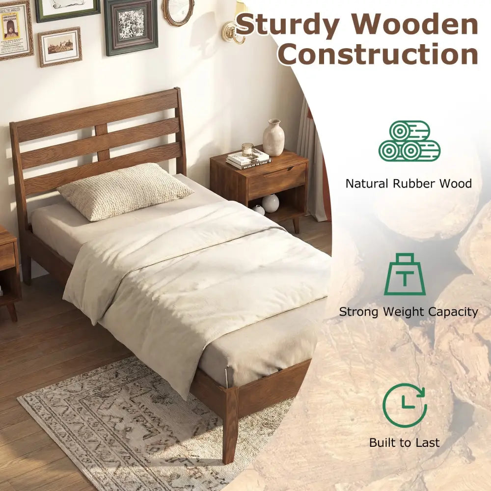 Twin Size Wood Platform Bed Frame with Slat Headboard - Brown - Simple Bed Frame