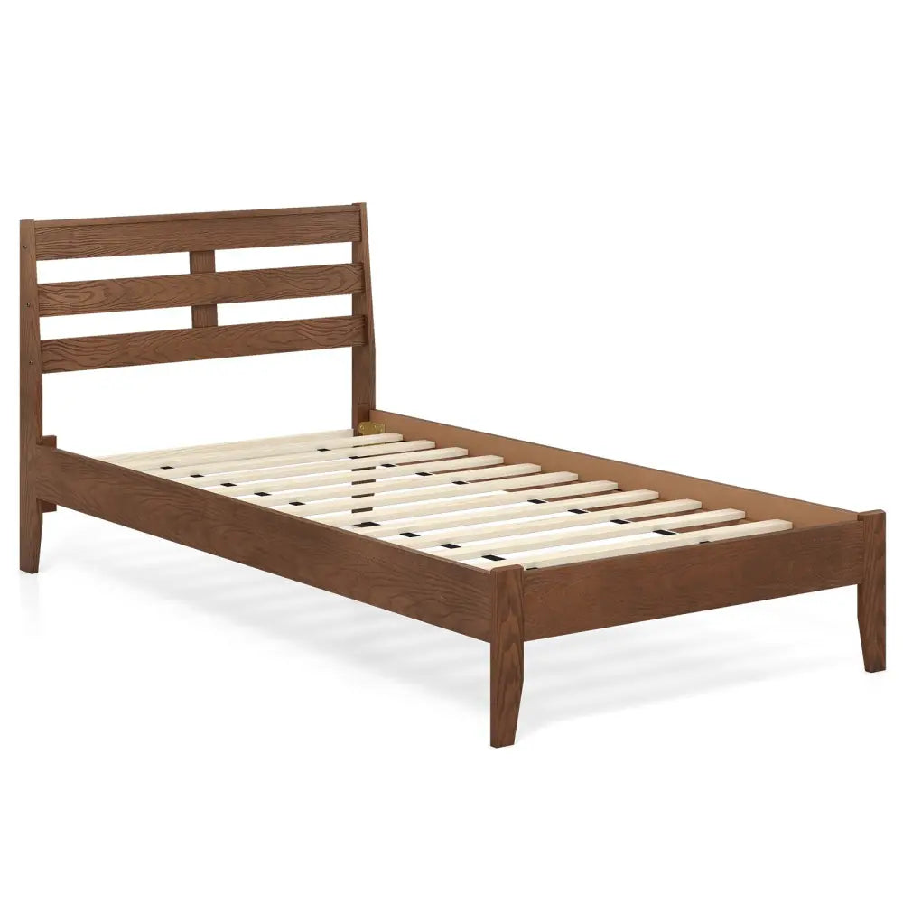 Twin Size Wood Platform Bed Frame with Slat Headboard - Brown - Simple Bed Frame