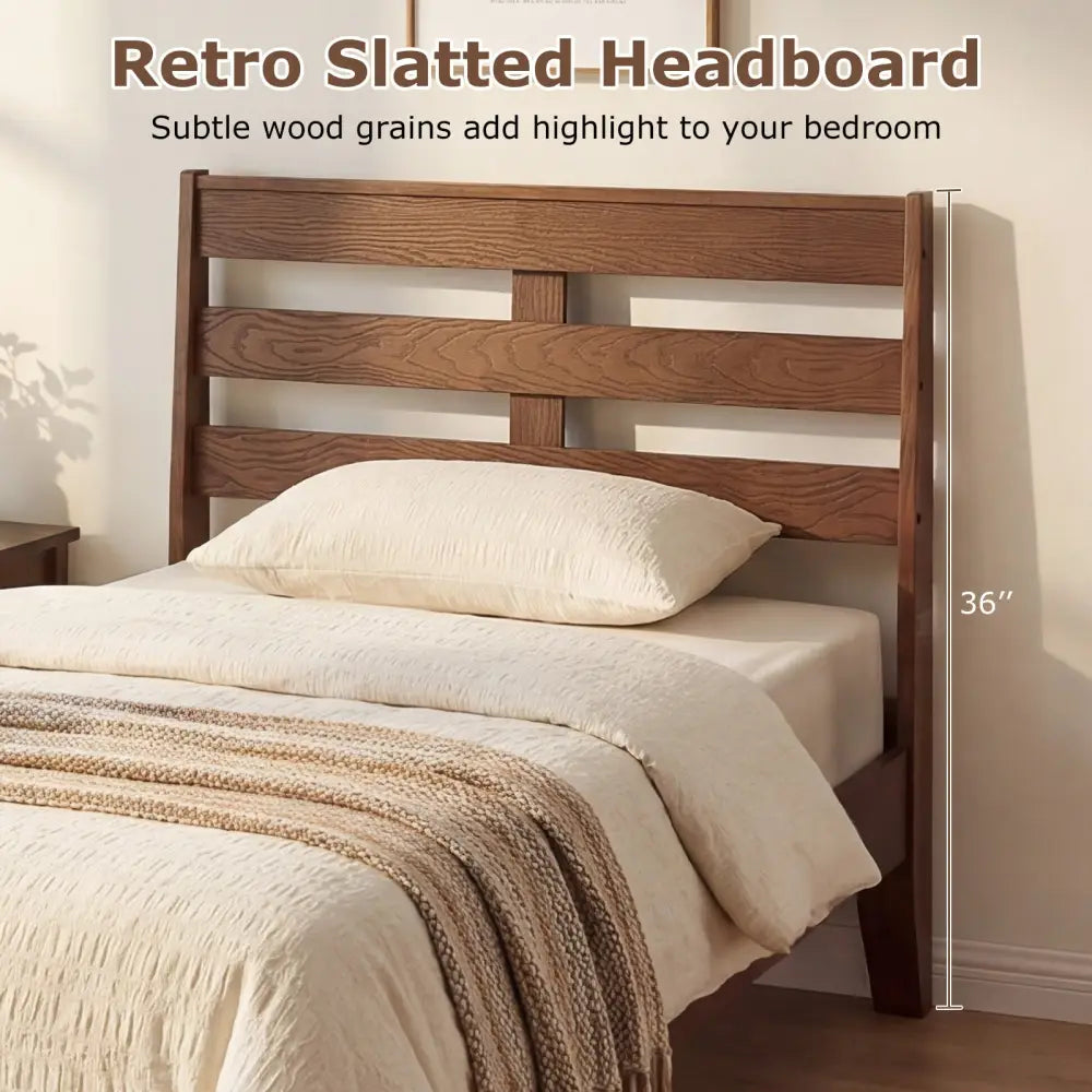 Twin Size Wood Platform Bed Frame with Slat Headboard - Brown - Simple Bed Frame