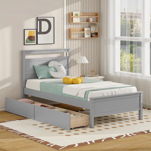 Twin Size Wooden Bed Frame with 2 Drawers for Teens and Adults-Gray - Gray - Simple Bed Frame