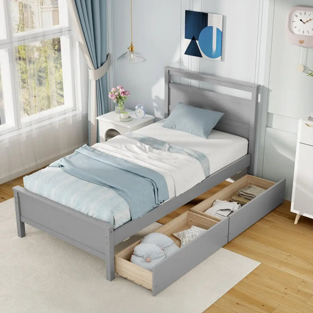 Twin Size Wooden Bed Frame with 2 Drawers for Teens and Adults-Gray - Gray - Simple Bed Frame