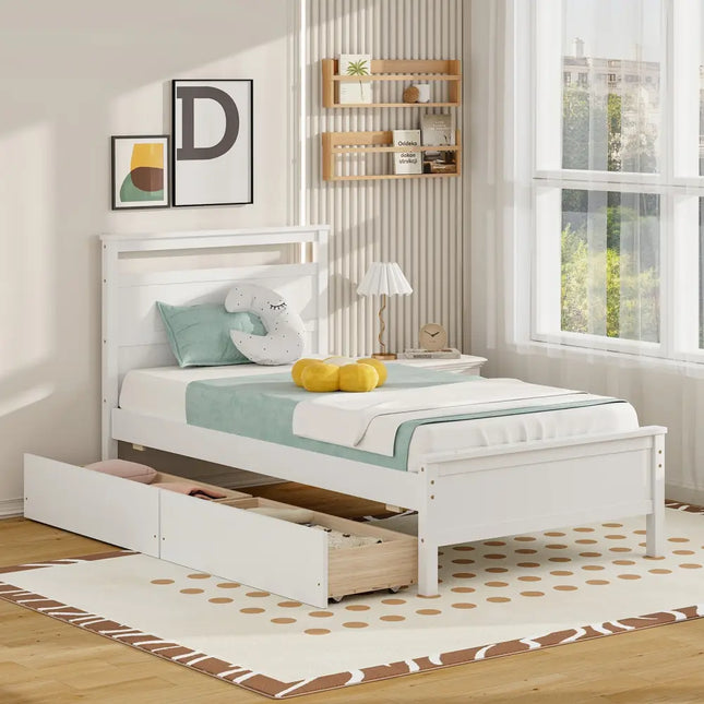 Twin Size Wooden Bed Frame with 2 Drawers for Teens and Adults-White - White - Simple Bed Frame