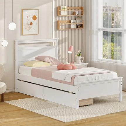 Twin Size Wooden Bed Frame with 2 Drawers for Teens and Adults-White - White - Simple Bed Frame