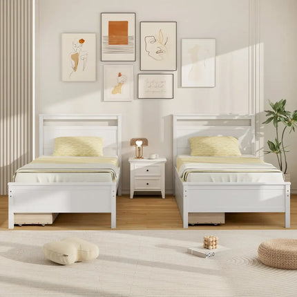 Twin Size Wooden Bed Frame with 2 Drawers for Teens and Adults-White - White - Simple Bed Frame
