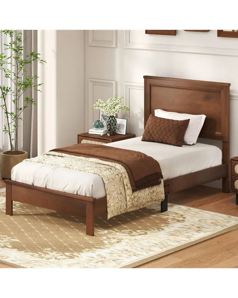 Twin Size Wooden Bed Frame with Headboard and Slat Support-Walnut - Walnut - Simple Bed Frame