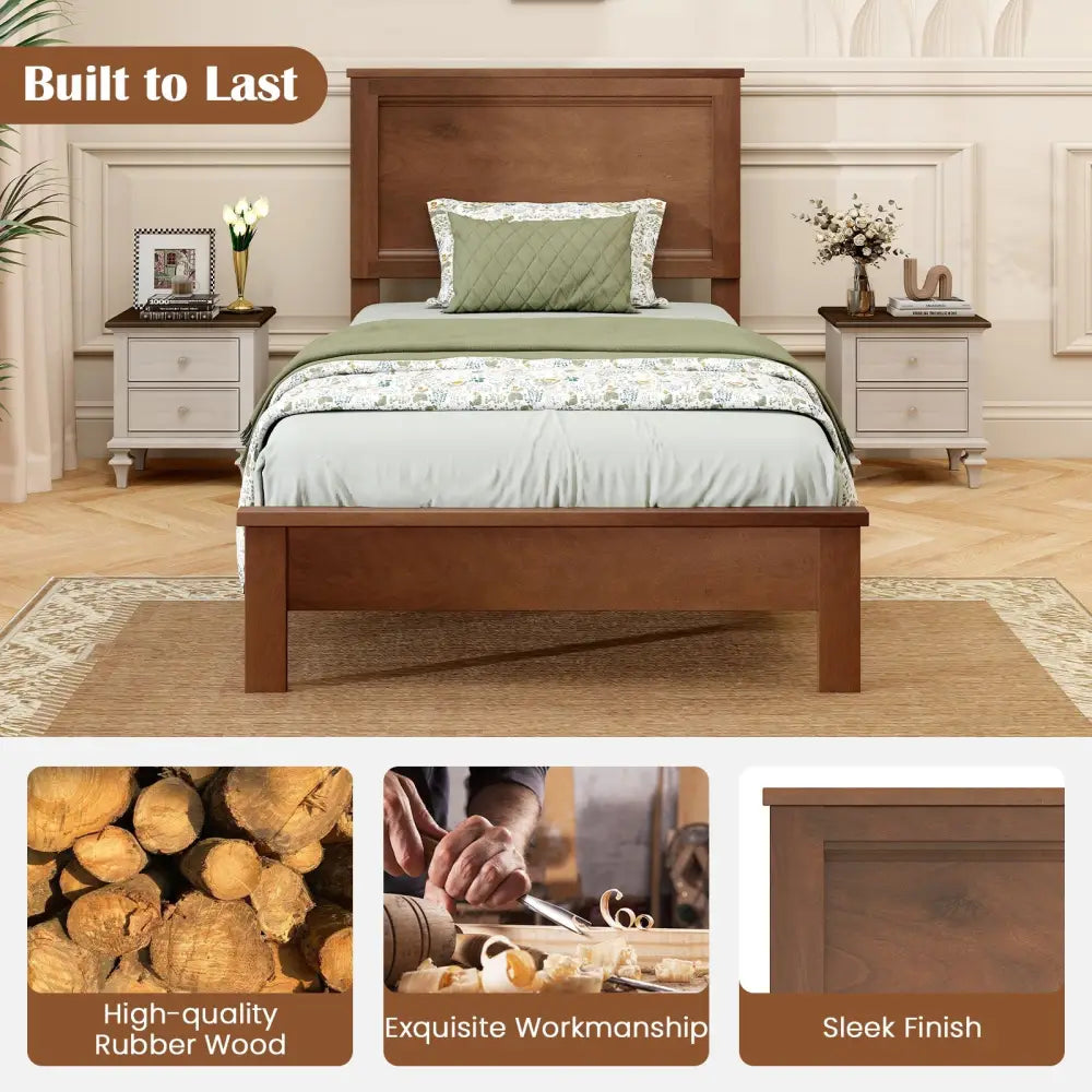 Twin Size Wooden Bed Frame with Headboard and Slat Support-Walnut - Walnut - Simple Bed Frame