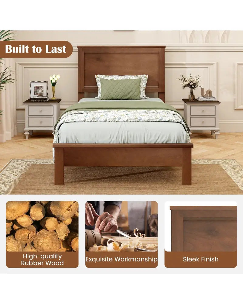 Twin Size Wooden Bed Frame with Headboard and Slat Support-Walnut - Walnut - Simple Bed Frame