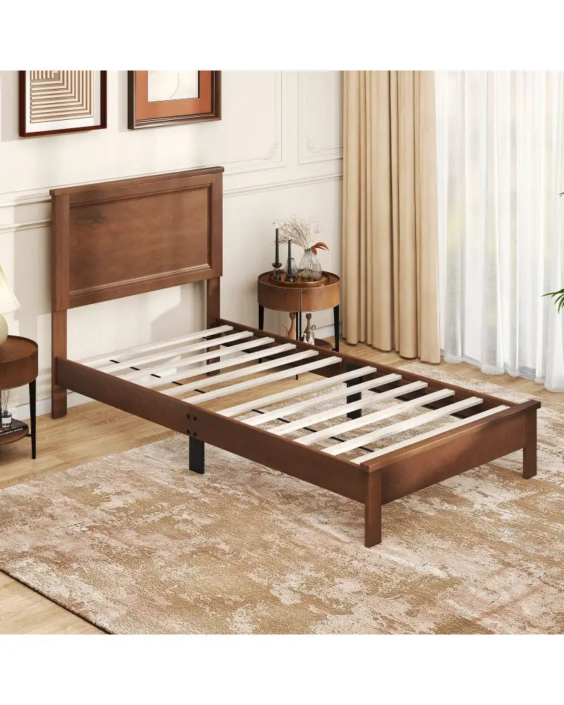 Twin Size Wooden Bed Frame with Headboard and Slat Support-Walnut - Walnut - Simple Bed Frame