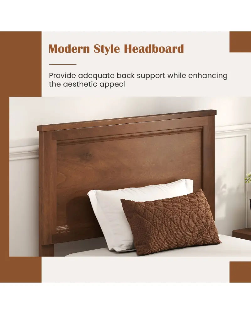 Twin Size Wooden Bed Frame with Headboard and Slat Support-Walnut - Walnut - Simple Bed Frame
