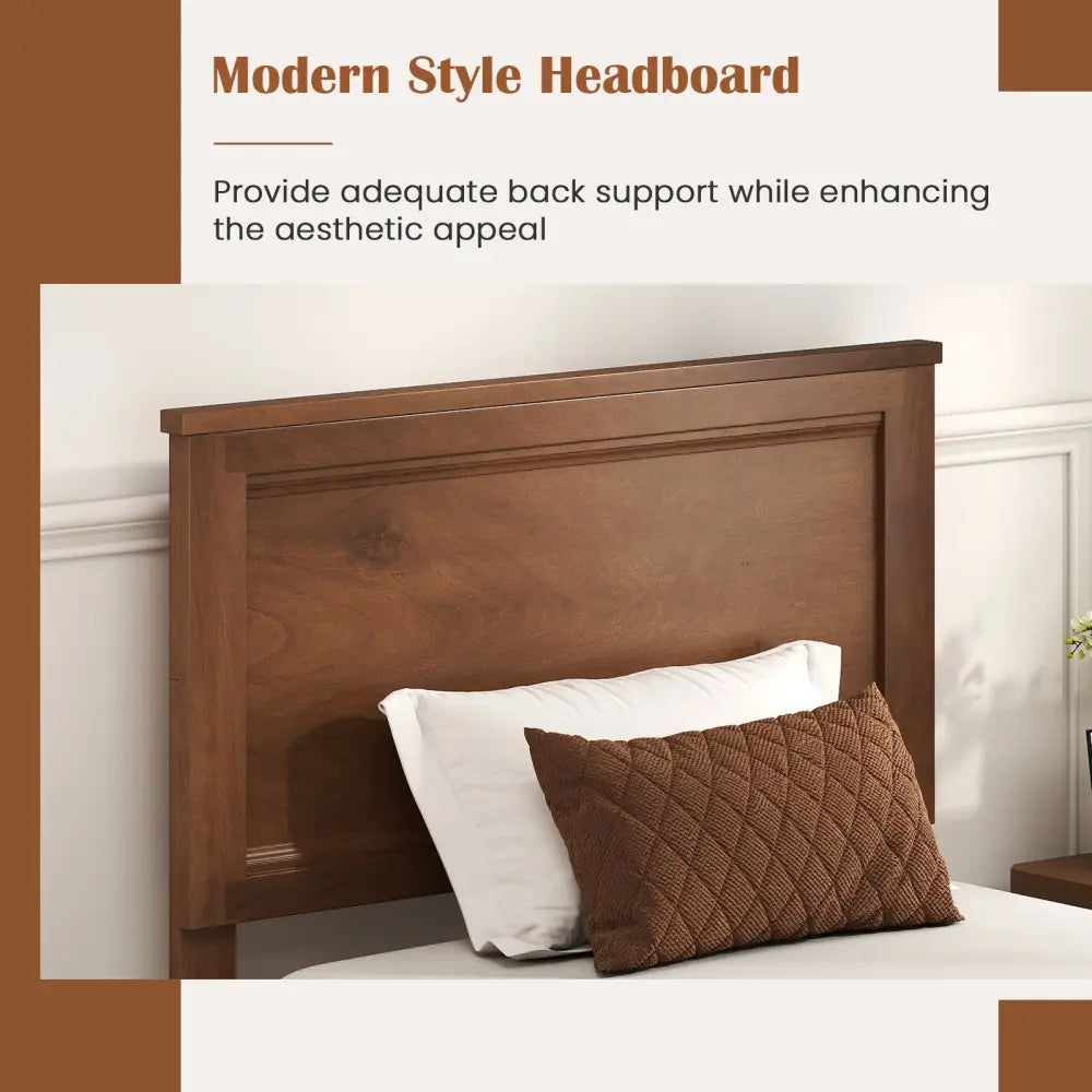 Twin Size Wooden Bed Frame with Headboard and Slat Support-Walnut - Walnut - Simple Bed Frame
