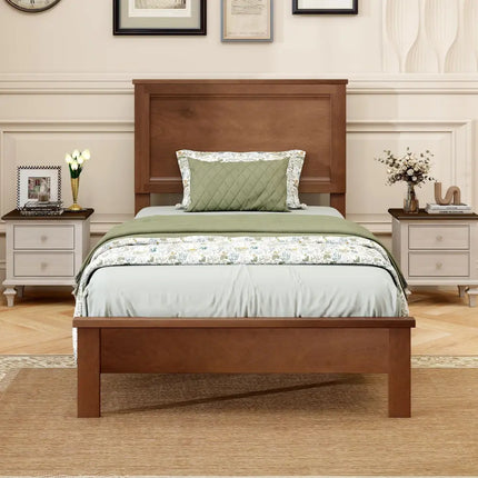 Twin Size Wooden Bed Frame with Headboard and Slat Support-Walnut - Walnut - Simple Bed Frame