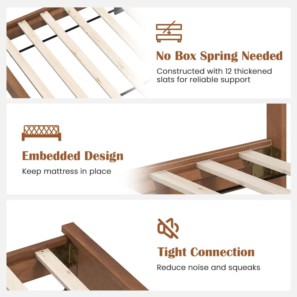 Twin Size Wooden Bed Frame with Headboard and Slat Support-Walnut - Walnut - Simple Bed Frame
