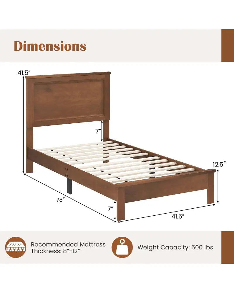 Twin Size Wooden Bed Frame with Headboard and Slat Support-Walnut - Walnut - Simple Bed Frame