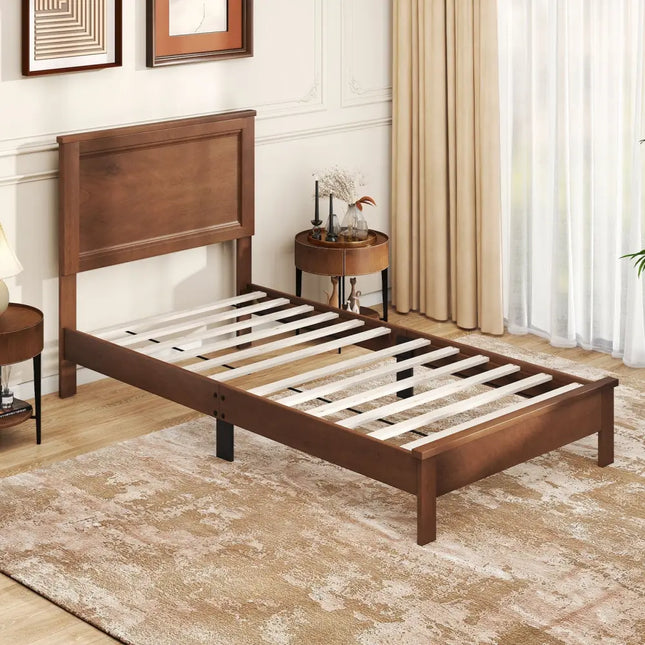 Twin Size Wooden Bed Frame with Headboard and Slat Support-Walnut - Walnut - Simple Bed Frame