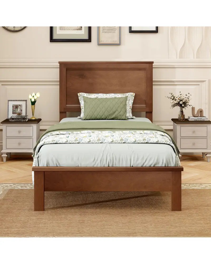 Twin Size Wooden Bed Frame with Headboard and Slat Support-Walnut - Walnut - Simple Bed Frame