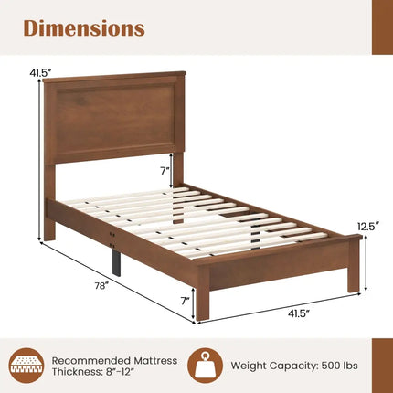 Twin Size Wooden Bed Frame with Headboard and Slat Support-Walnut - Walnut - Simple Bed Frame