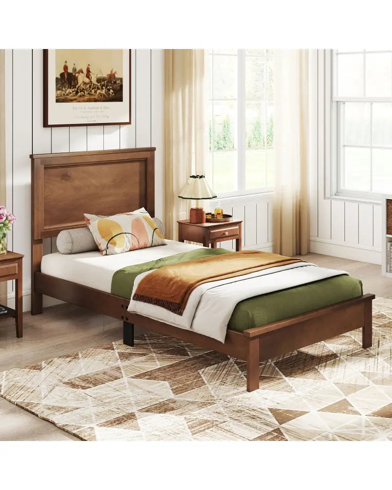 Twin Size Wooden Bed Frame with Headboard and Slat Support-Walnut - Walnut - Simple Bed Frame