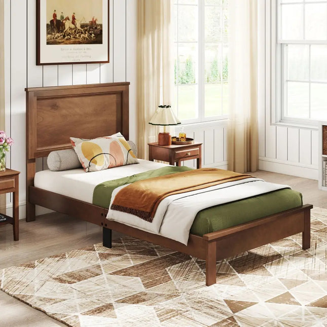 Twin Size Wooden Bed Frame with Headboard and Slat Support-Walnut - Walnut - Simple Bed Frame