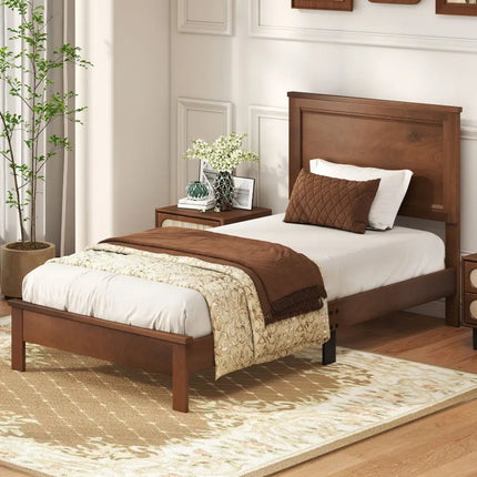 Twin Size Wooden Bed Frame with Headboard and Slat Support-Walnut - Walnut - Simple Bed Frame