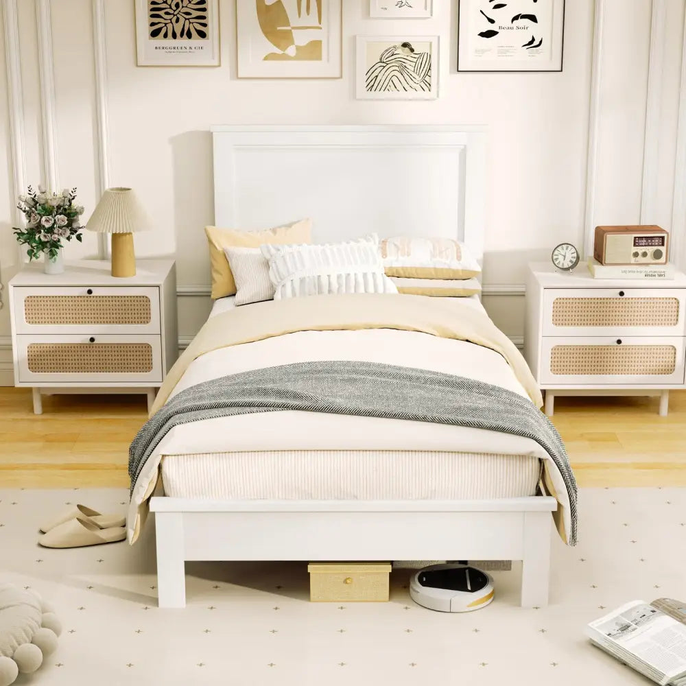 Twin Size Wooden Bed Frame with Headboard and Slat Support-White - White - Simple Bed Frame